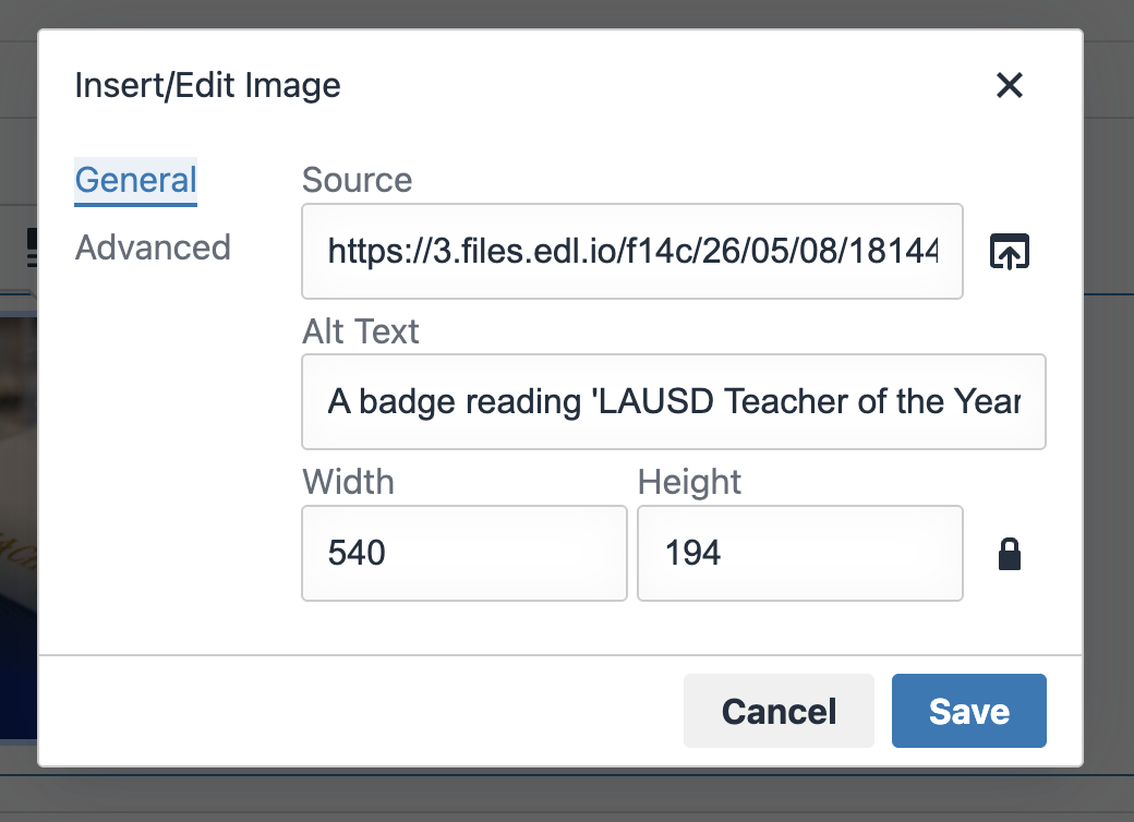 Screenshot of Edlio's Insert/Edit Image modal showing a completed alt text field