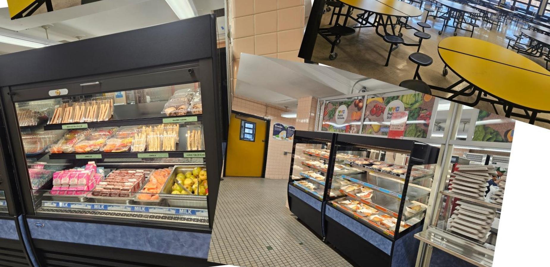 Student cafeteria showcasing food display units and yellow tables.