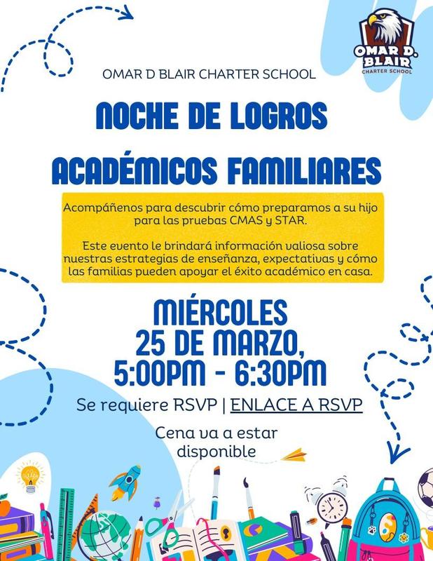 Event flyer for an academic family night at Omar D. Blair Charter School.