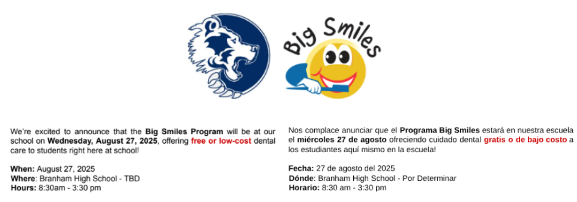 Branham bear logo with big smiles with a smiley face brushing its teeth