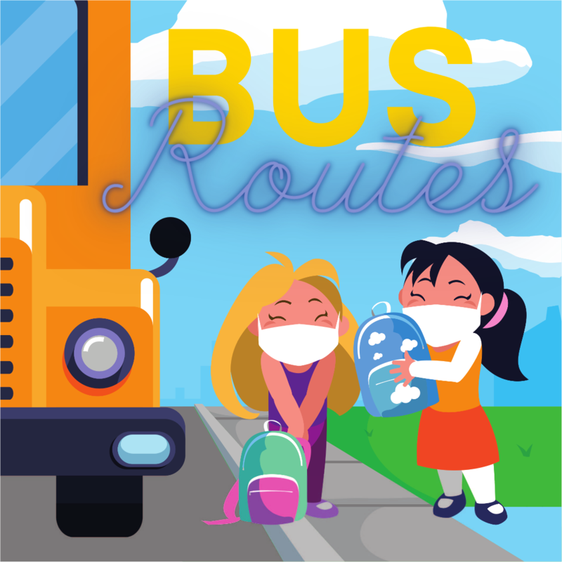 Bus Routes with cartoon kids waiting at a bus stop wearing masks.