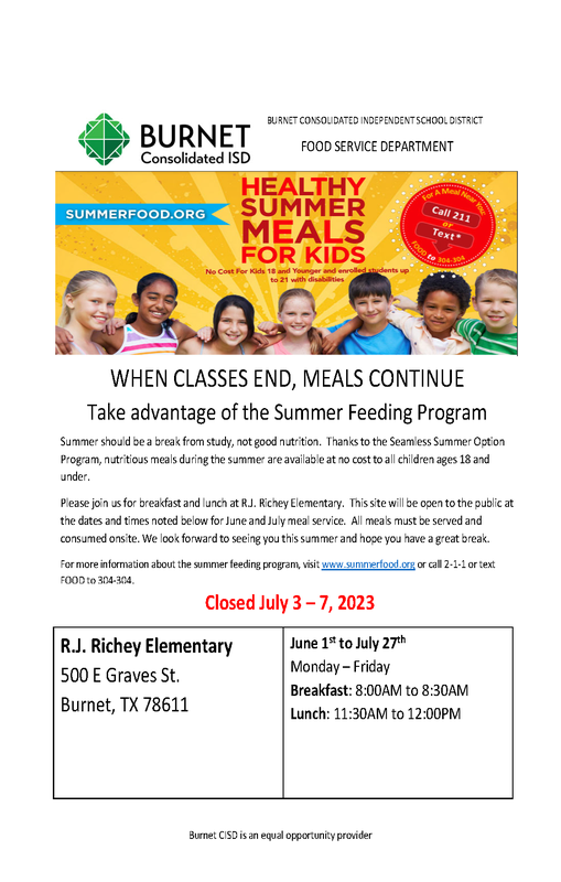 Meals are available during the summer at no cost to all children ages 18 and under!