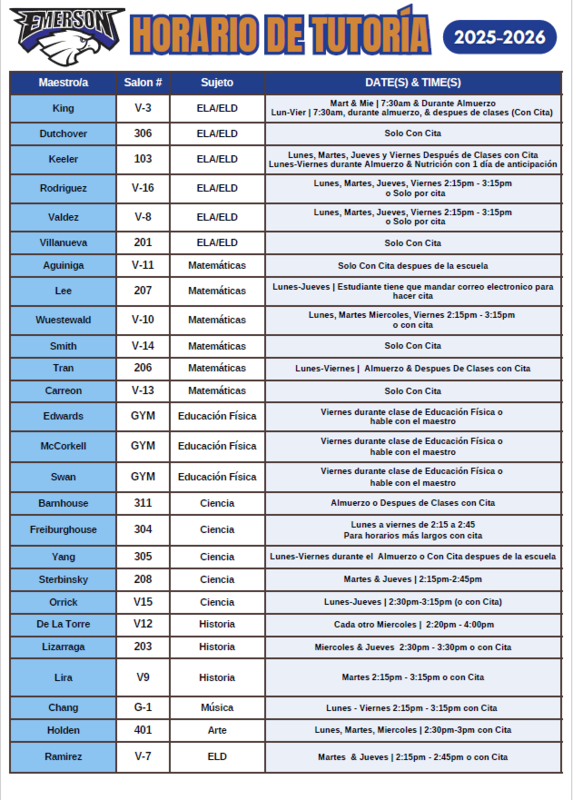 Emerson Student Tutoring Schedule 2025-2026