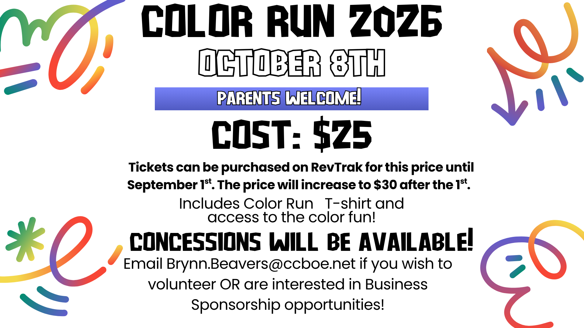 Color Run 2026 event flyer with details on date, cost, and concessions.