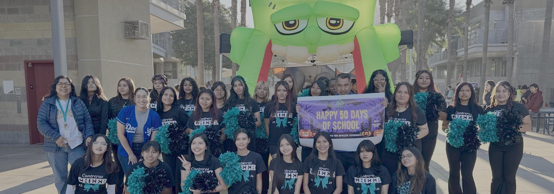 PSA Mr. Ramos Celebrating the 50th day of School. With our Cheerleaders and Principal Dr. Gonzalez