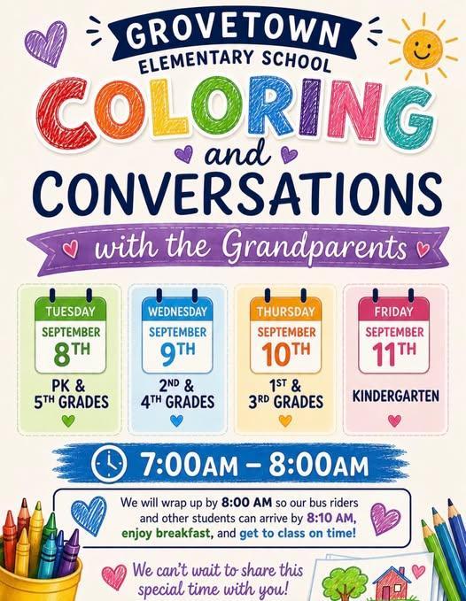 Event poster for Grovetown Elementary School's grandparent activities.