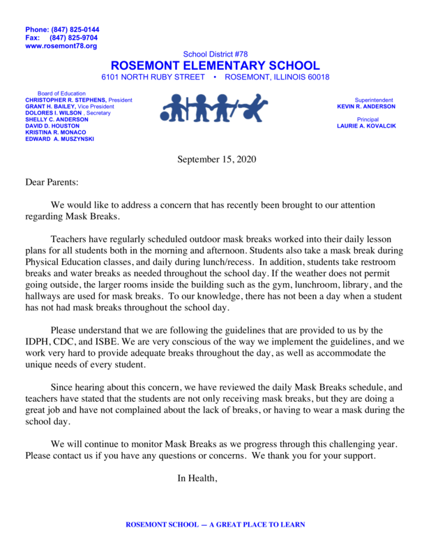 Mask Breaks Parent Letter 9-16-2020