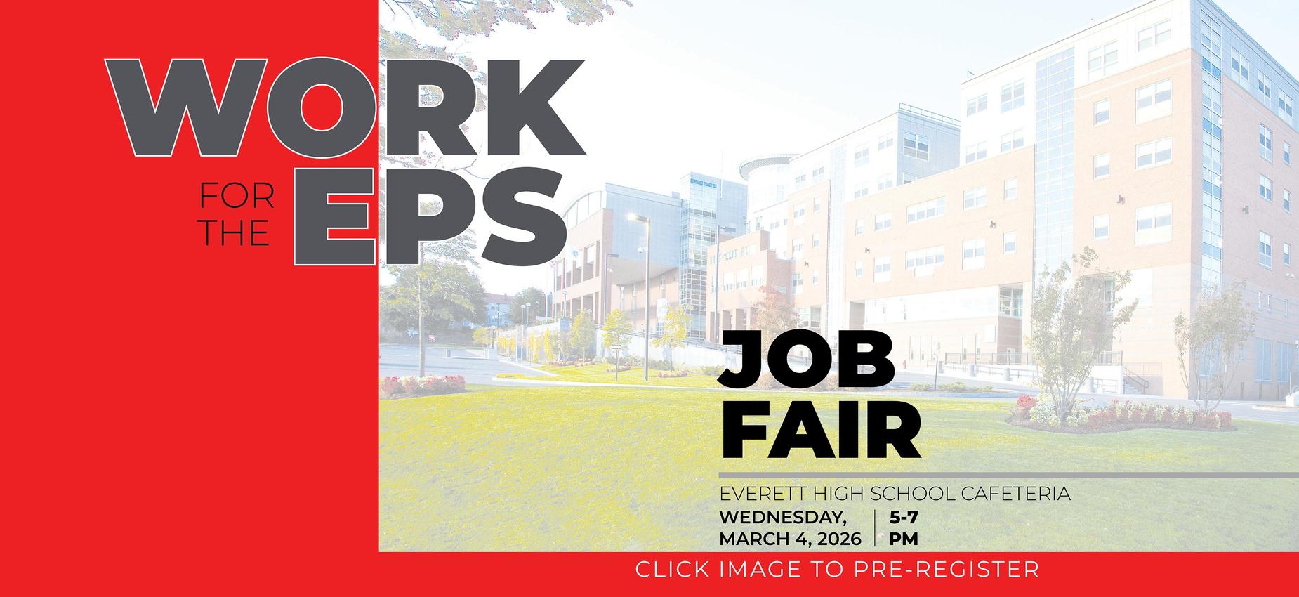 Job fair promotional graphic featuring a school building and event details.