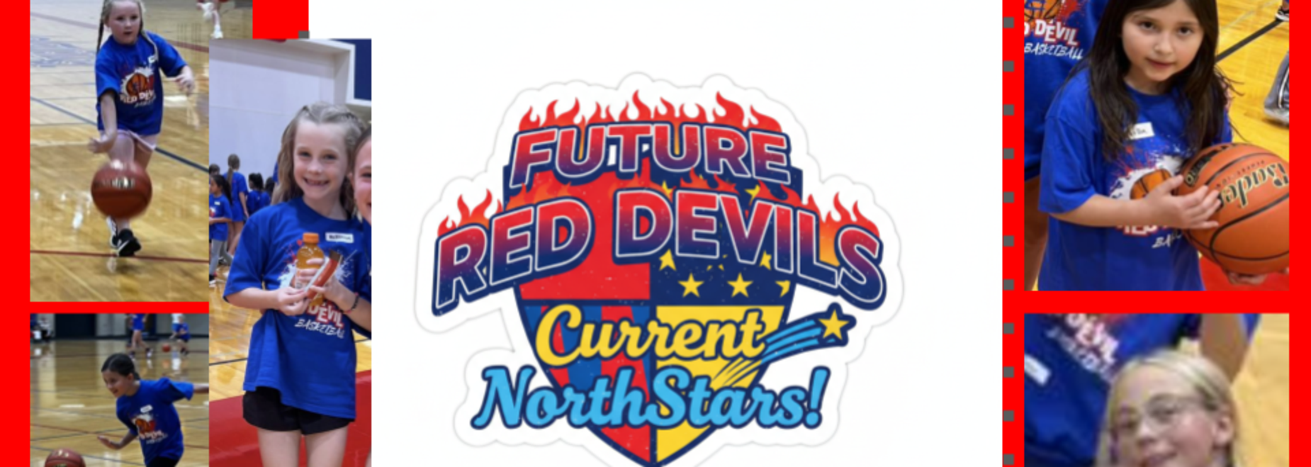 Children participating in a basketball training session with the logo 'Future Red Devils Current NorthStars' prominently displayed.