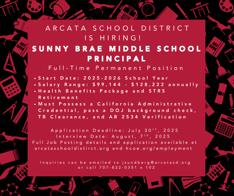 Job posting flier for Sunny Brae Middle School Principal, deadline July 30, 2025