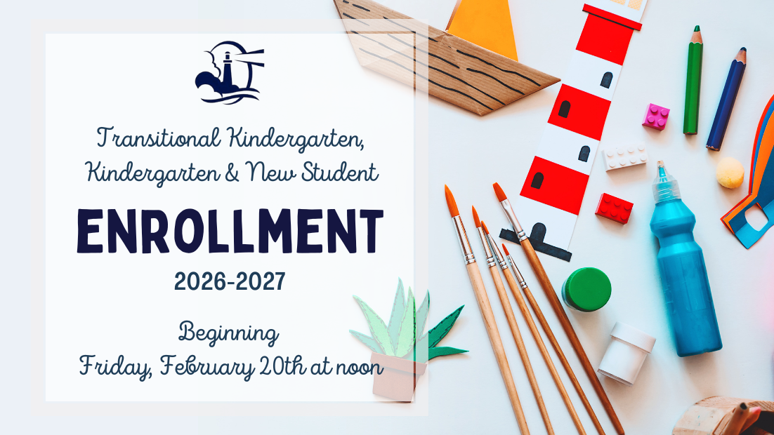 Promotional graphic for student enrollment with school supplies and registration information.