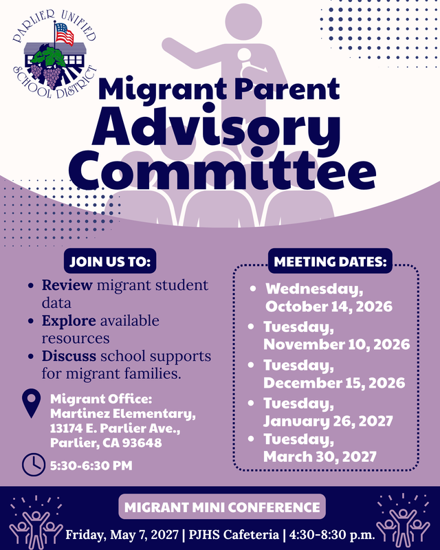 Flyer for the Parlier Unified School District's Migrant Parent Advisory Committee. The flyer features a purple and white layout with an illustration of a speaker at a podium in the background.