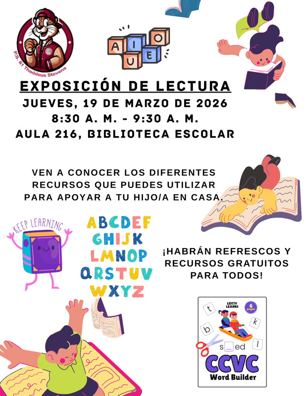 P.S. 81 Literacy Expo Flyer. Thursday, March 19, 2026. Spanish