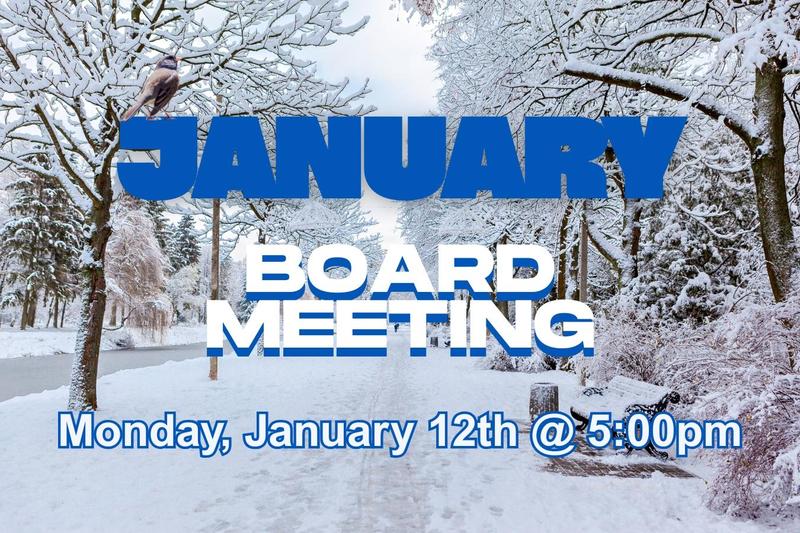 snowy pathway with park bench notice of January Board Meeting January 12th, 2025