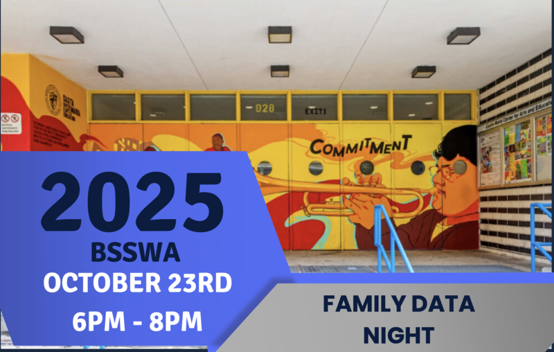 SCHOOL building with mural of student playing trumpet.