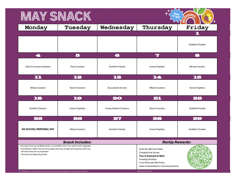 valley charter middle school monthly snack menu