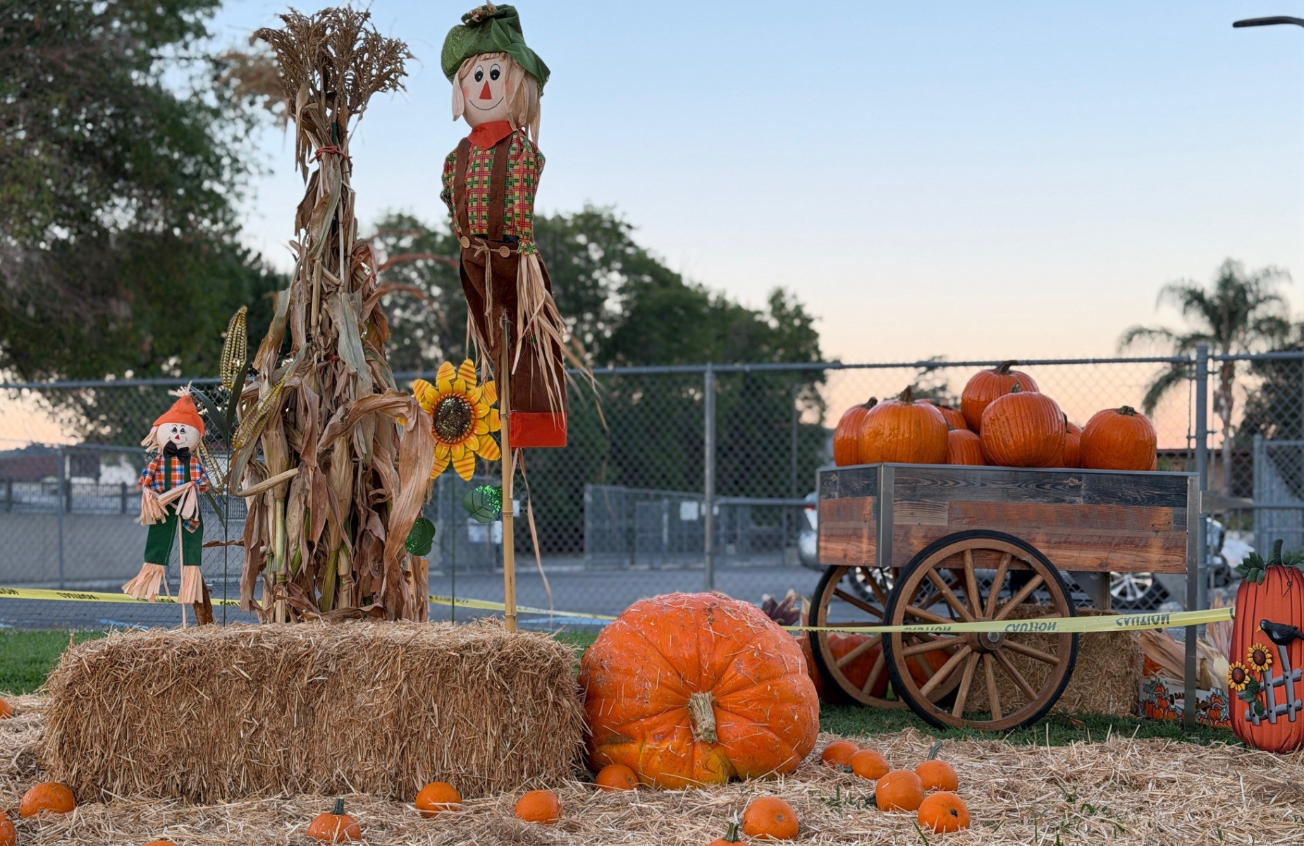 Lopez ES Pumpkin patch background, wagon with pumpkins and fun scarecrows.