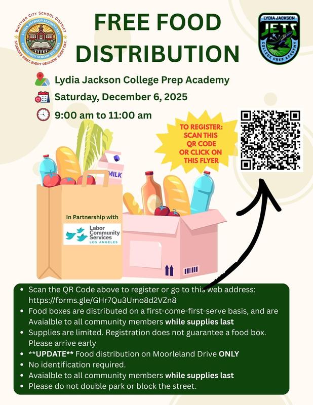 Flyer for food distribution event @ Lydia Jackson on 12/6/25