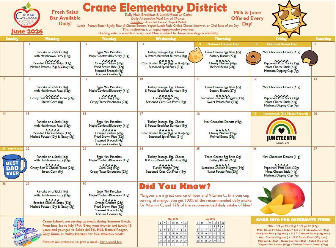 Crane Schools May 2026 Menu