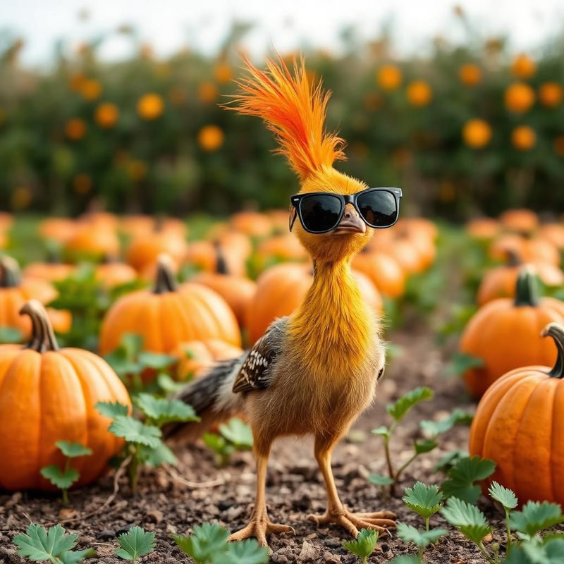 Yellow roadrunner wearing sunglasses in a pumpkin patch