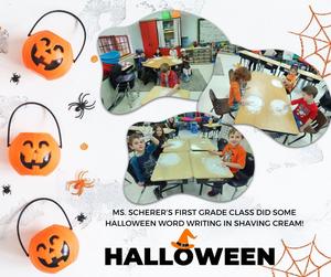 First Grades does Halloween Word Writing in Shaving Cream
