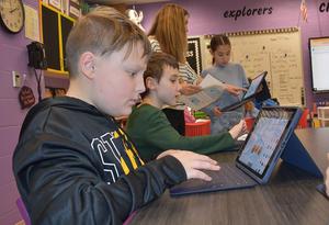 Mars Area Elementary School fourth-graders use TinkerCAD software to create clay-cutting and imprinting tools that will used as part of an art project to make decorative tea light lanterns.