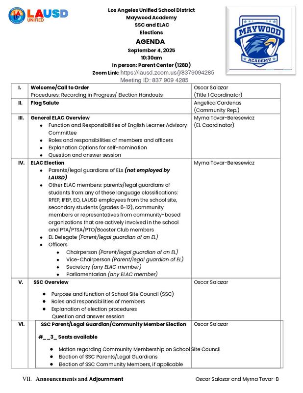 Agenda for SSC/ELAC elections