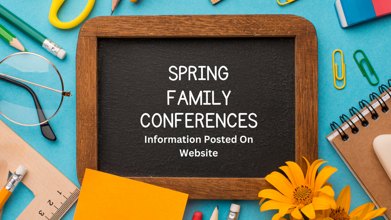 Blackboard image with school supplies. Includes text that says student led conferences.