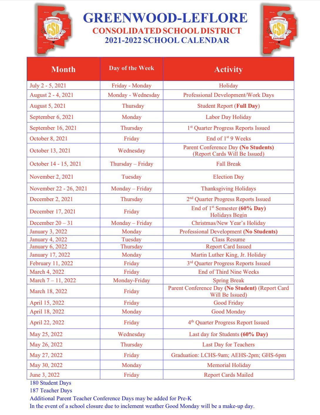 Greenwood-Leflore Consolidated School District Calendar 2024-2025