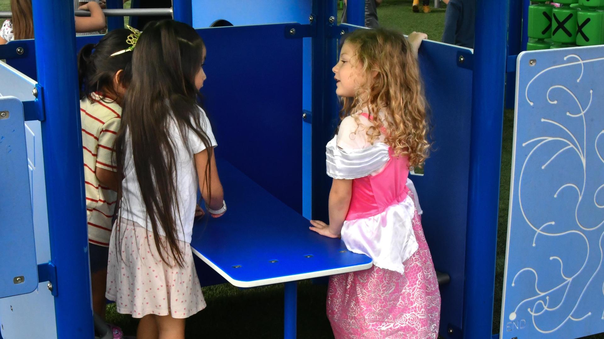 Three children play at a blue playground structure, one in a princess costume.