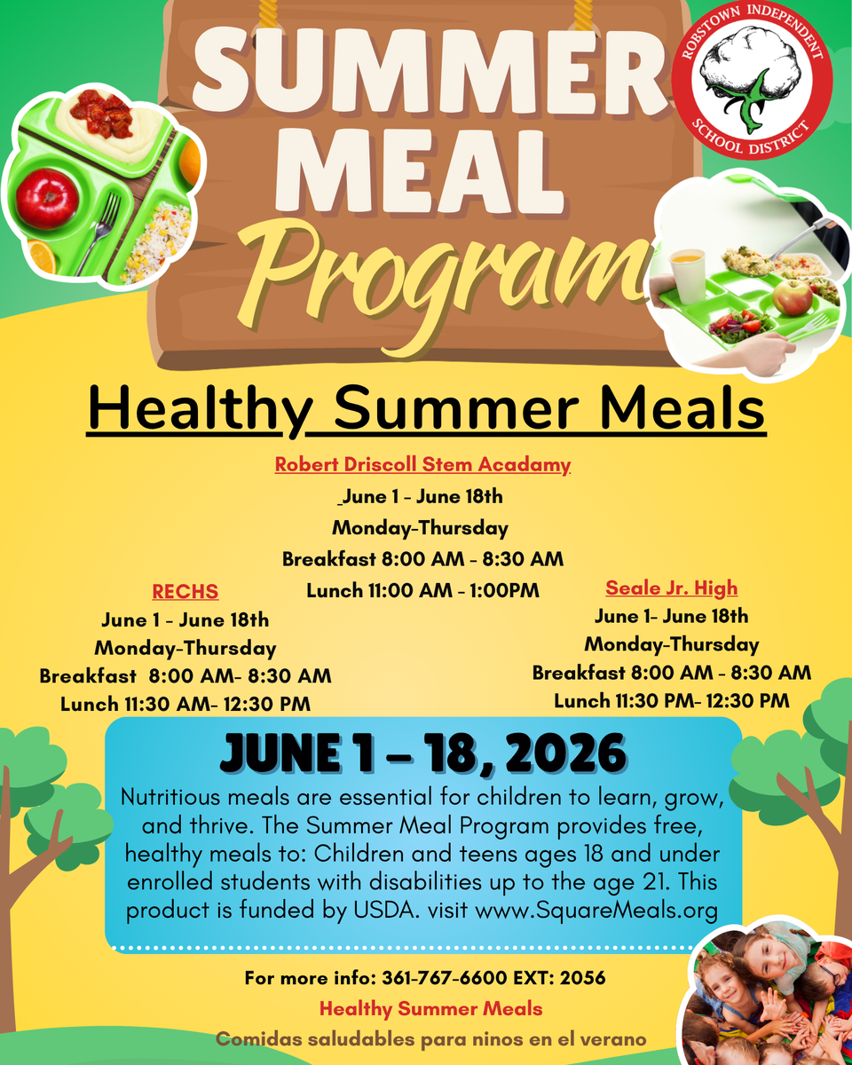 Announcement for Summer Meal Program including details and schedule.