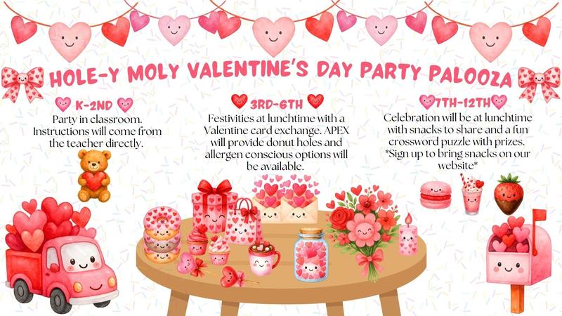 Valentine decor with lots of red hearts, a table with red heart candies on it