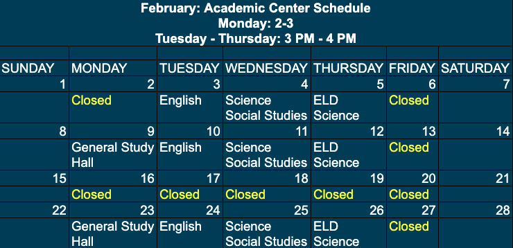 February Academic Center Schedule 