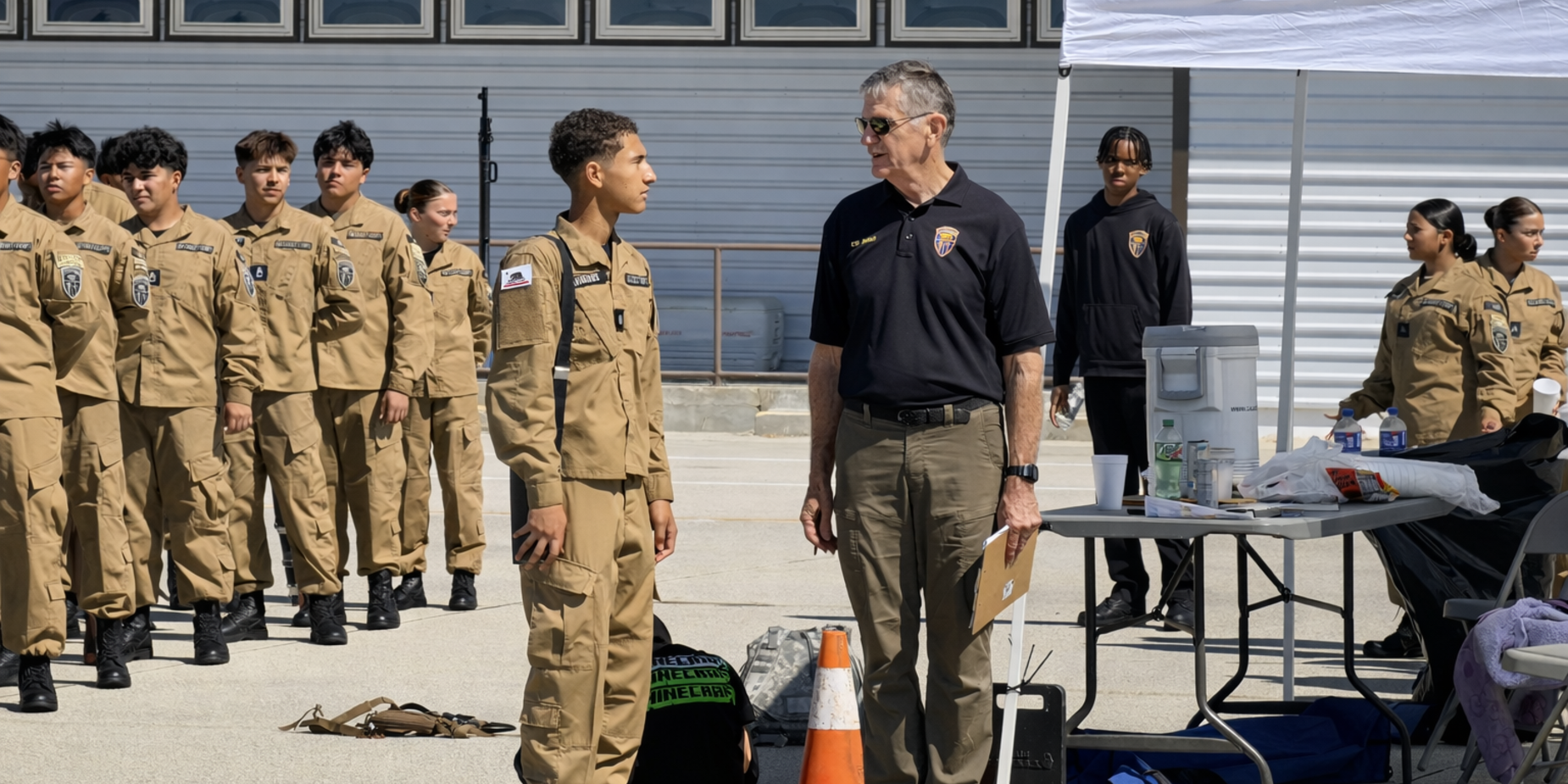 A group of uniformed individuals standing in formation, with two men conversing nearby.