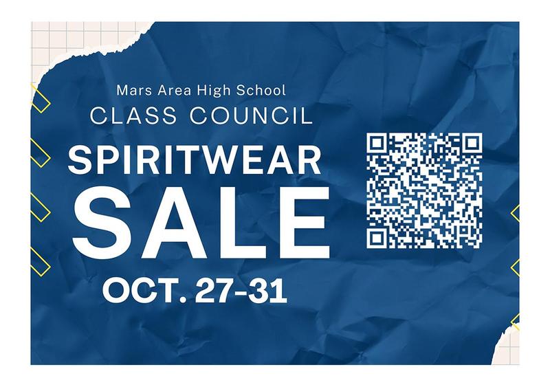 blue and white graphic with the words Spirit Wear sale