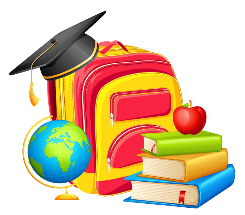 A yellow and red backpack with a graduation cap on top, a globe next to the backpack, and 3 books in front of the backpack with an apple on top