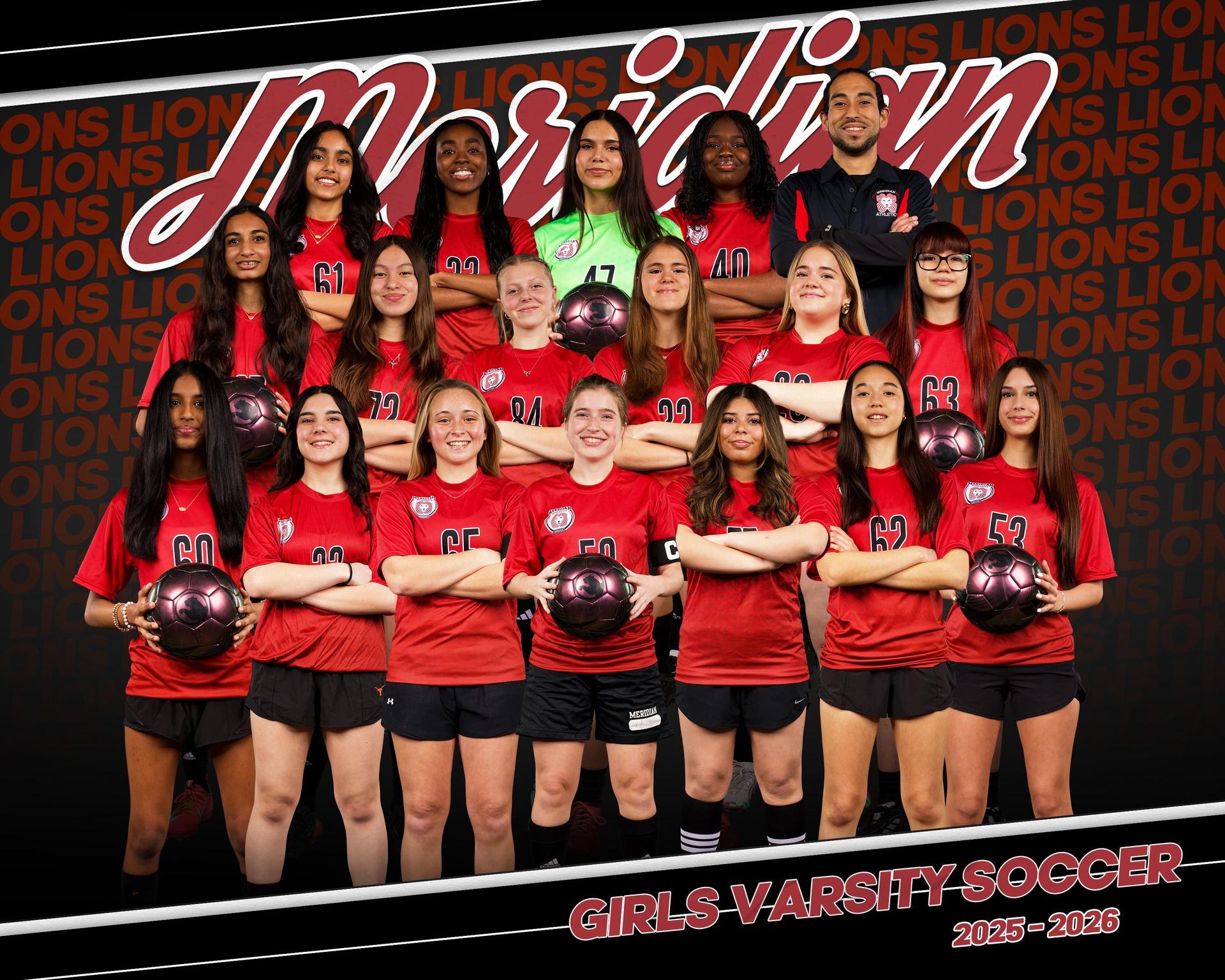 Girls Varsity Soccer players stand in red uniforms and black shorts stand holding iridescent soccer balls 