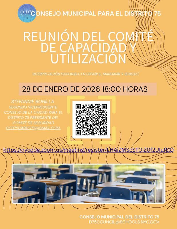 Flyer for CC75  Capacity & Utilization Committee Meeting with QR Link To Zoom - Spanish