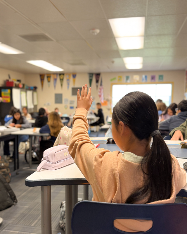 Student sitting at desk raising their hand inside of a classroom