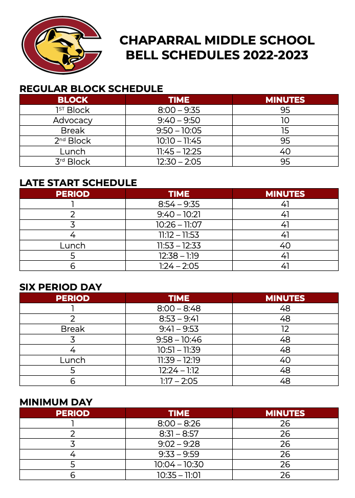 NEW Bell Schedule For 2022 2023 Chaparral Middle School