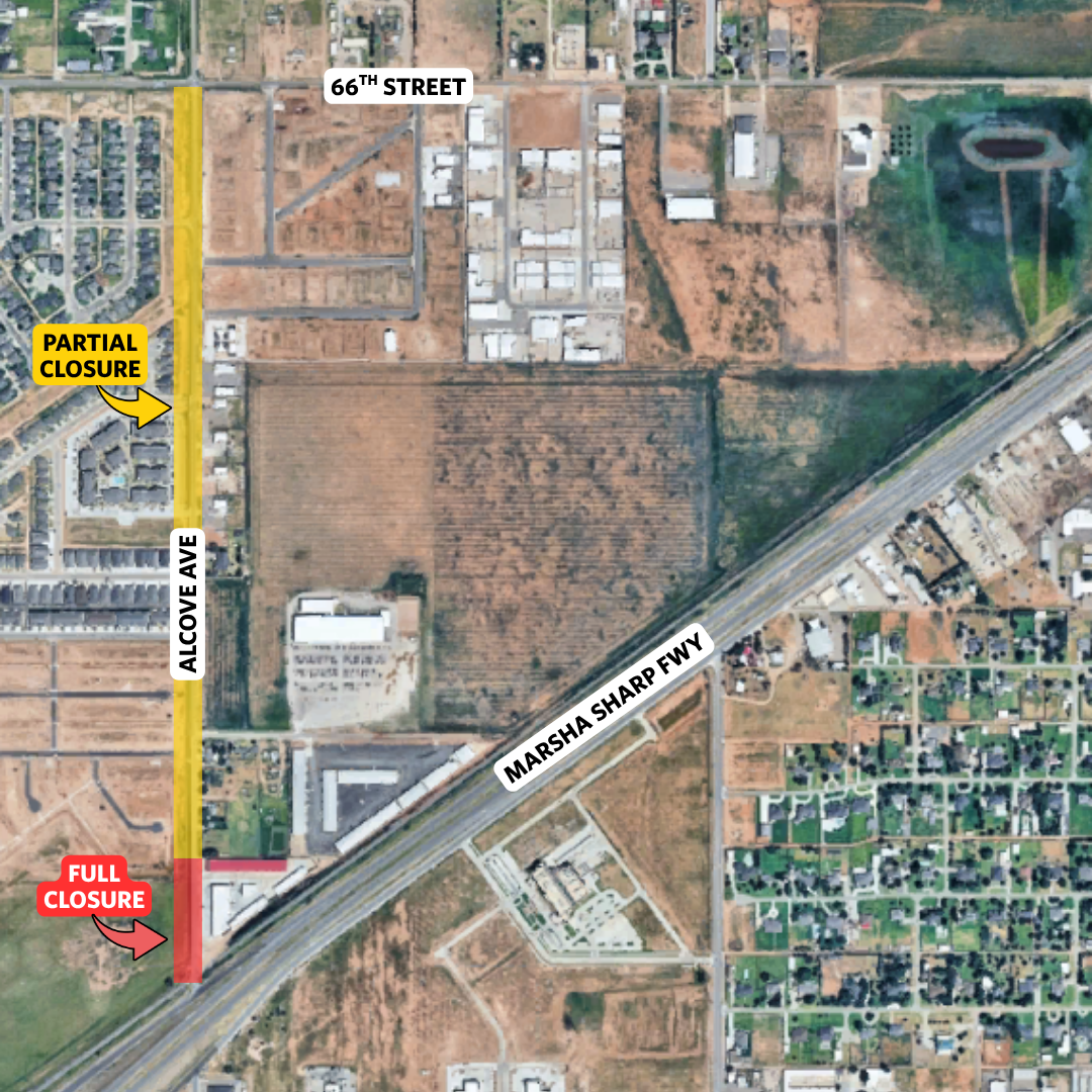 Alcove Avenue will be shut down completely at the intersection of the Marsha Sharp access road. The remainder of road between Marsha Sharp and 66th Street off of Alcove will be down to one lane. This will affect Ridgewood Elementary, ATMS, MHS, and Bennett elementary through the end of the 2026-2027 school year.