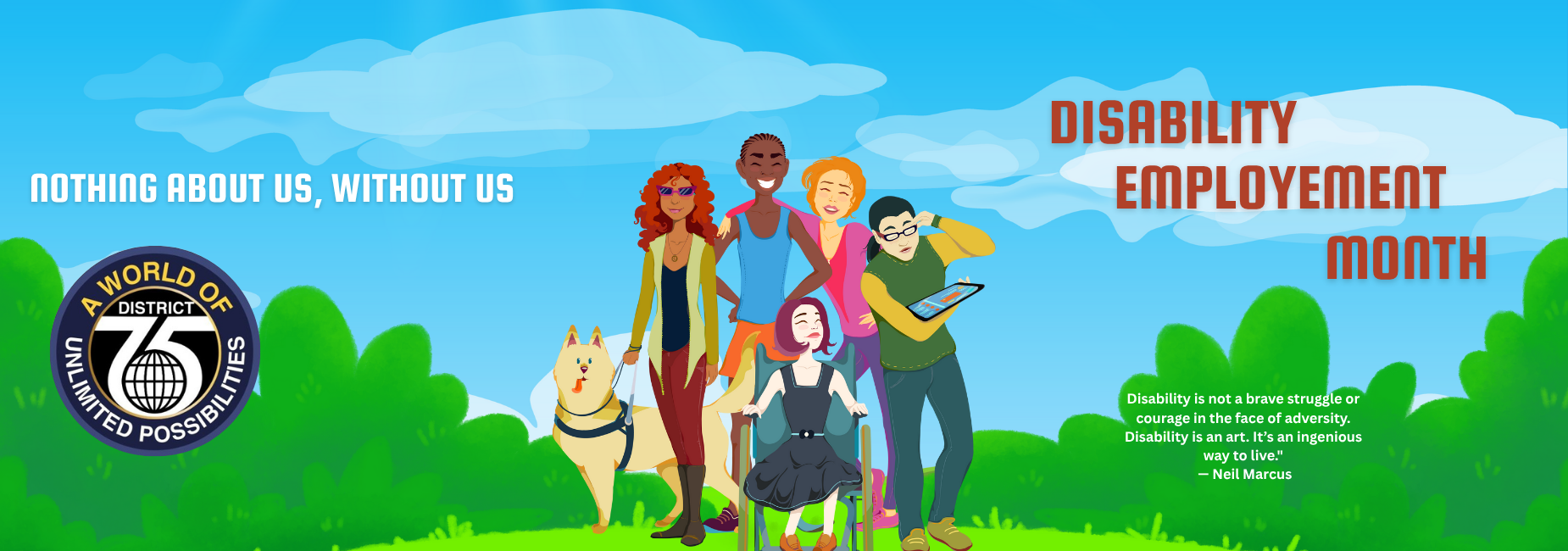 Colorful illustration celebrating Disability Employment Month with diverse individuals.