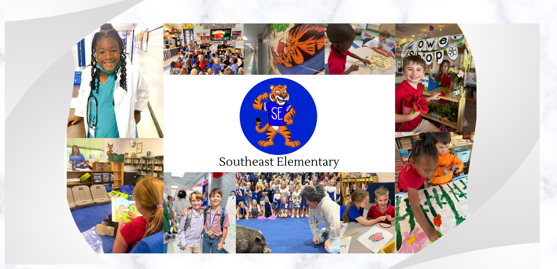 Montage of students and activities at Southeast Elementary with the school logo in the center.
