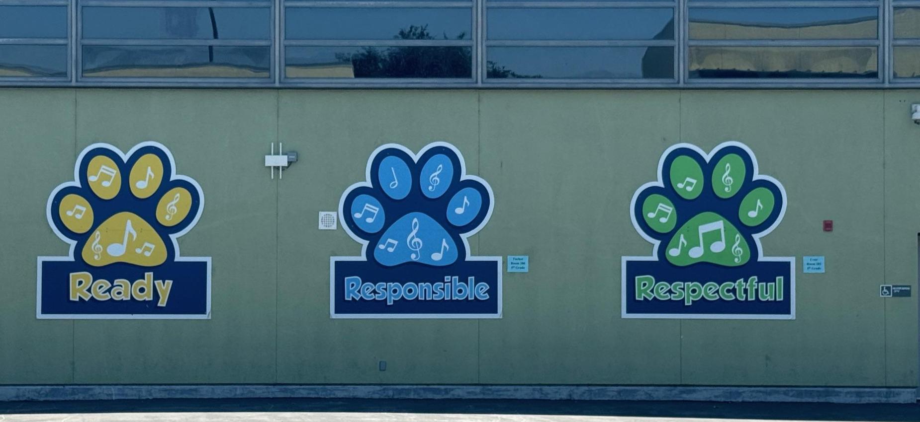 Wall art with paw prints and messaging for Ready, Responsible, and Respectful values.