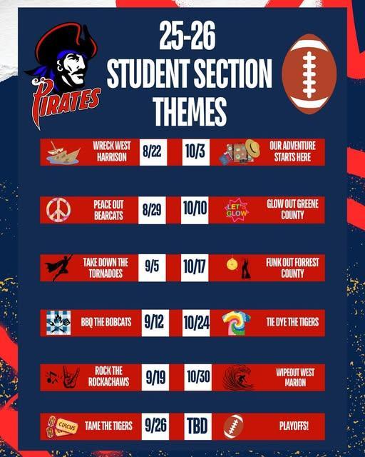 ARRRRGH you ready for some Pirate football 🏉? It's almost time for Friday Night Lights! Below you will find the student section themes for the upcoming season. Featured Photo