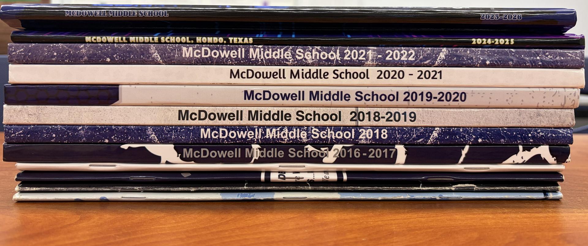 Stack of McDowell yearbooks from previous years