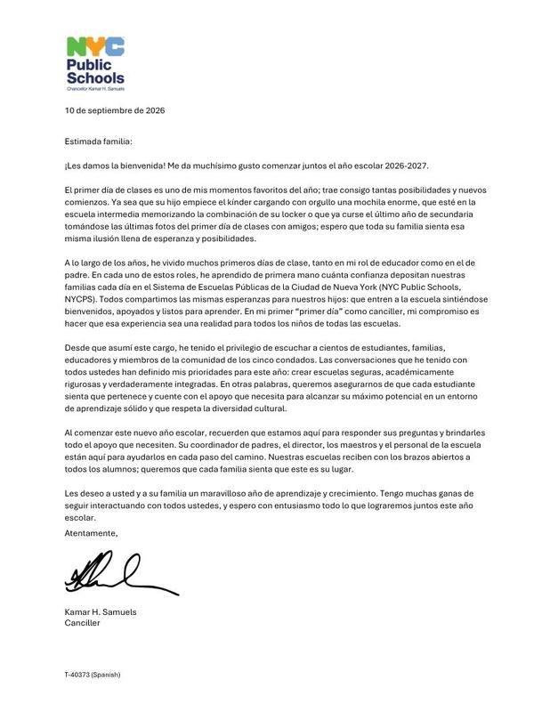 Welcome back letter from Chancellor. 2026-2027 school year. Spanish