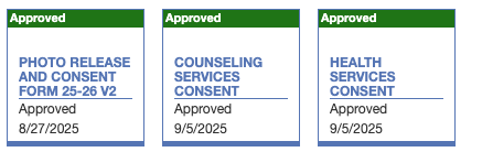 A view of Skyward tiles, which show whether or not you have filled out the consent forms.