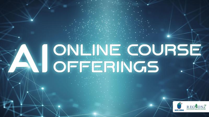 Graphic with AI Online Course Offerings text on a glowing blue digital network background.