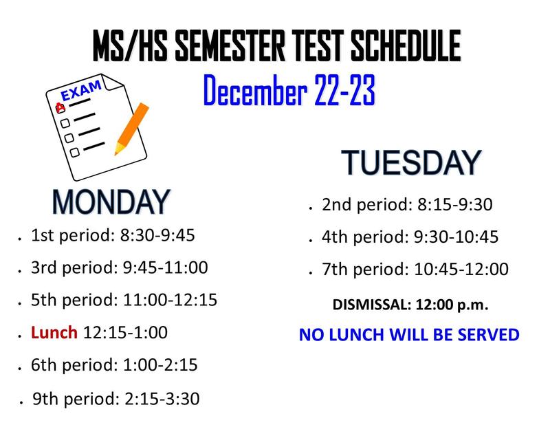 semester test schedule